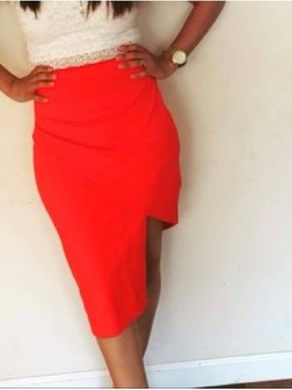 bebe Bright Red High-Low Asymmetric Midi Skirt